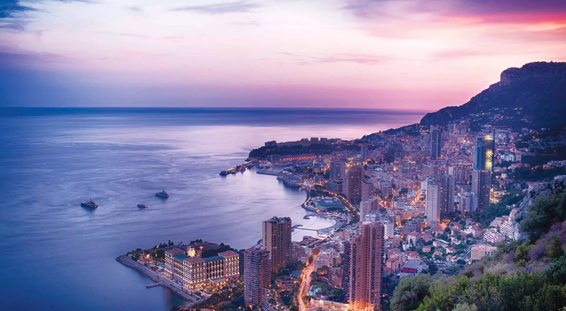 View of the coastline of Monaco at sunset
