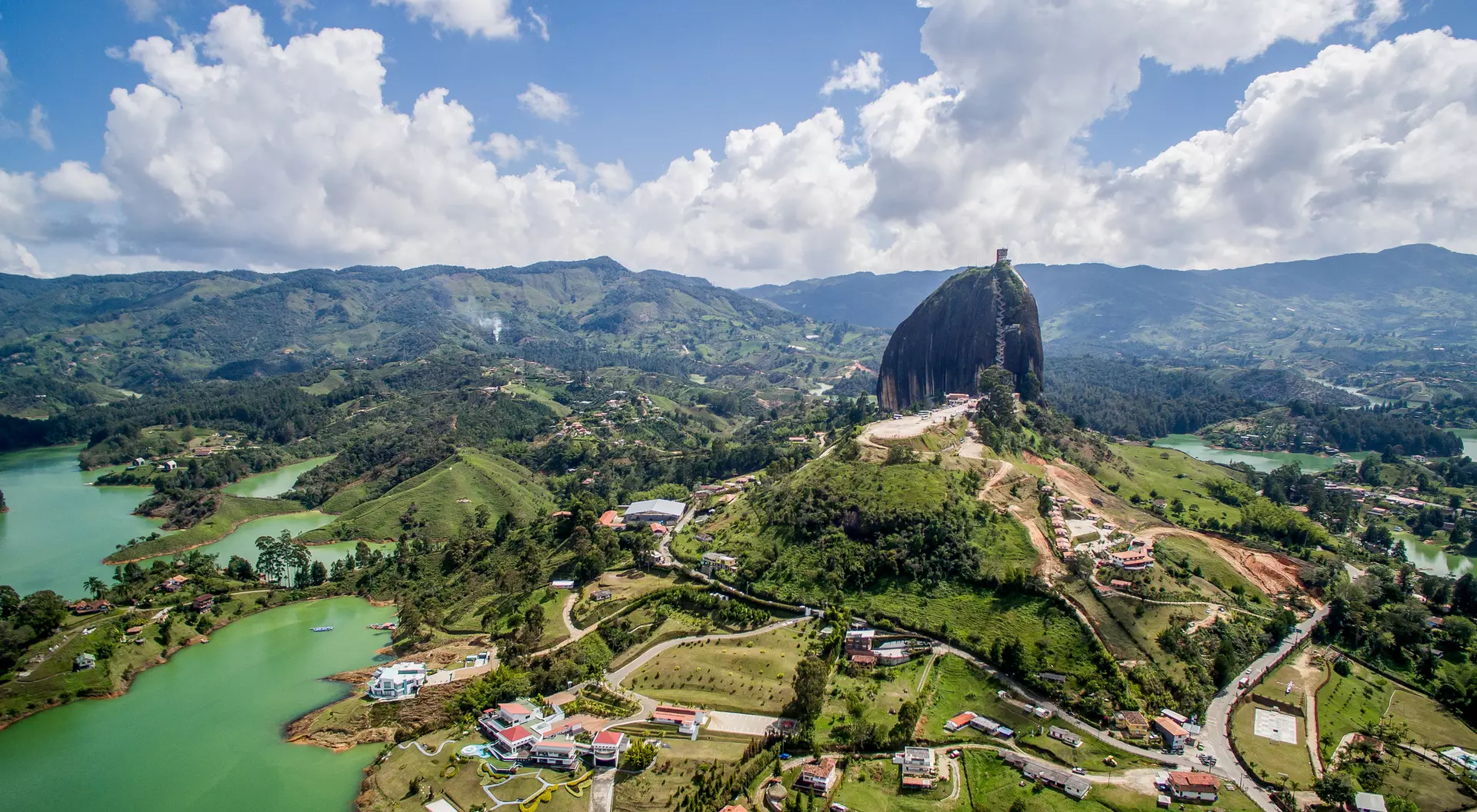 Beautiful aerial view of a natural reservoir in Guatape, Colombia.