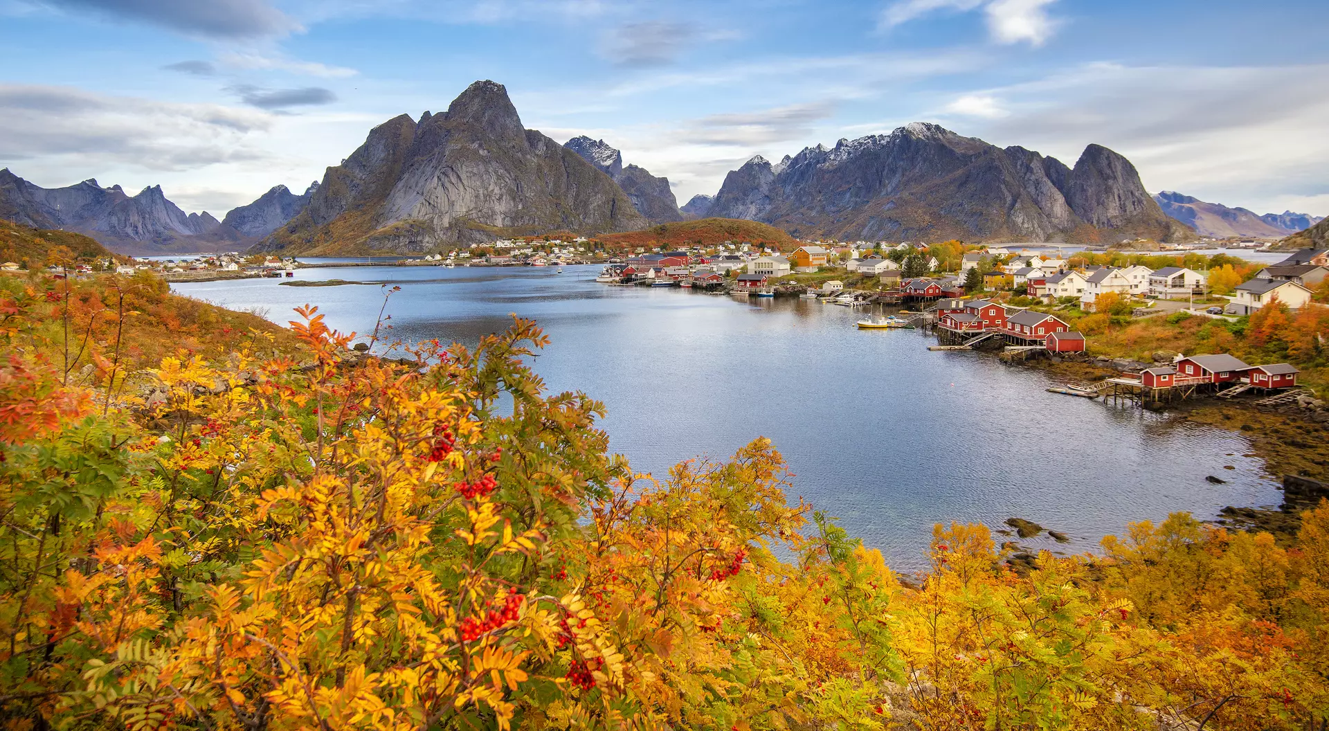 Beautiful colourful view of Reine landscape in Lofoten Islands during autumn.