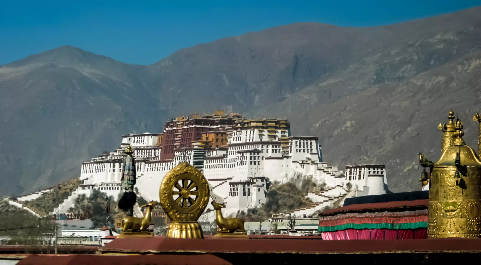 Jokhang Temple Gold Dharma Wheel with the Potala Palace
