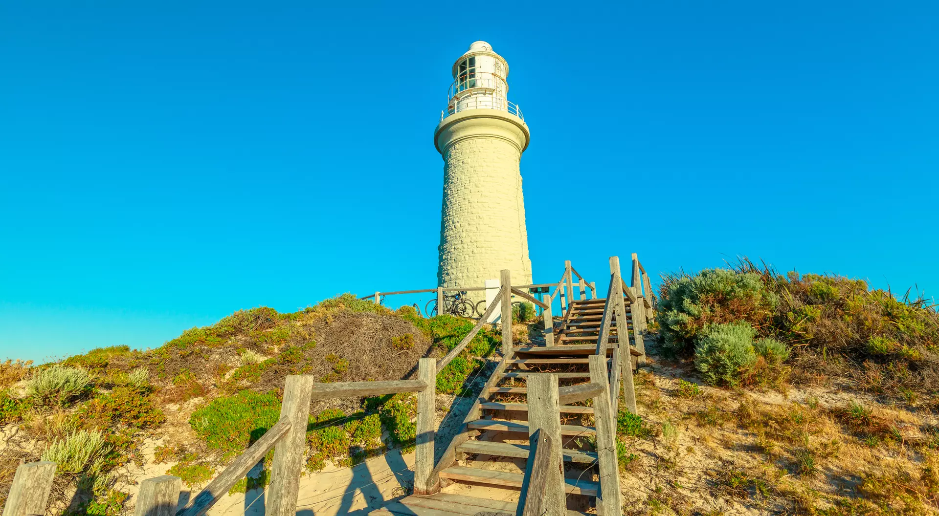 Rottnest Island, Western Australia Stairs leading up to Bathurst Lighthouse in north coast of Rottnest Island, near Perth, Western Australia. Sunny afternoon with blue sky.