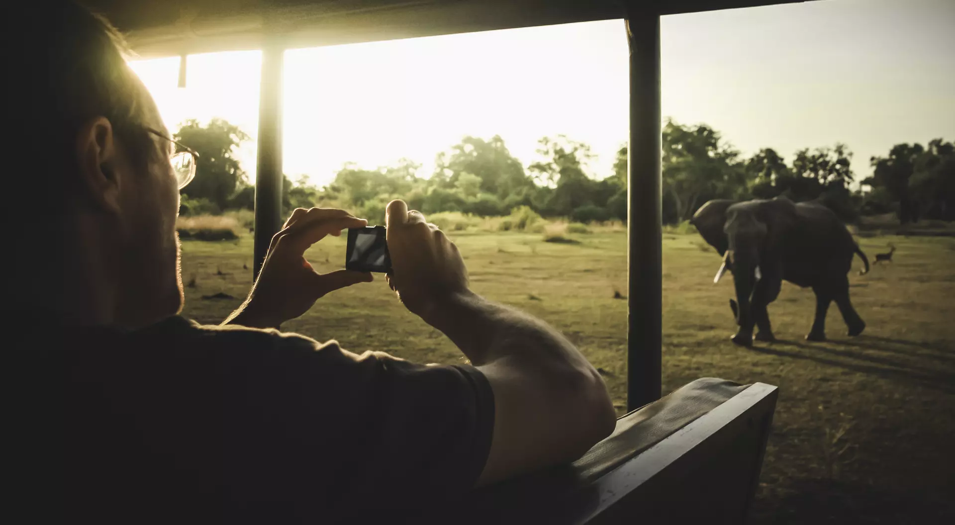 Man taking photo of a charging elephant from a safari vehicle, Zambia, Africa