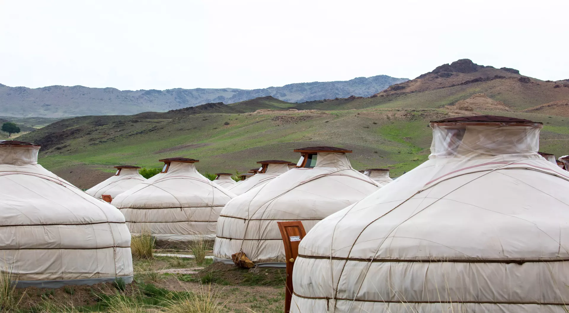 Mongolia Rows of traditional Mongolian gers at the Secret of Ongi camp in Saikhan Soum.