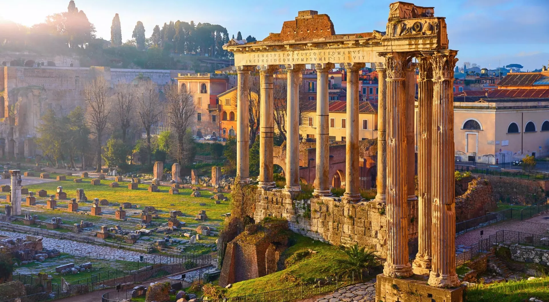 Roman Forum, Rome, Italy ancient columns in ruins within modern city centre