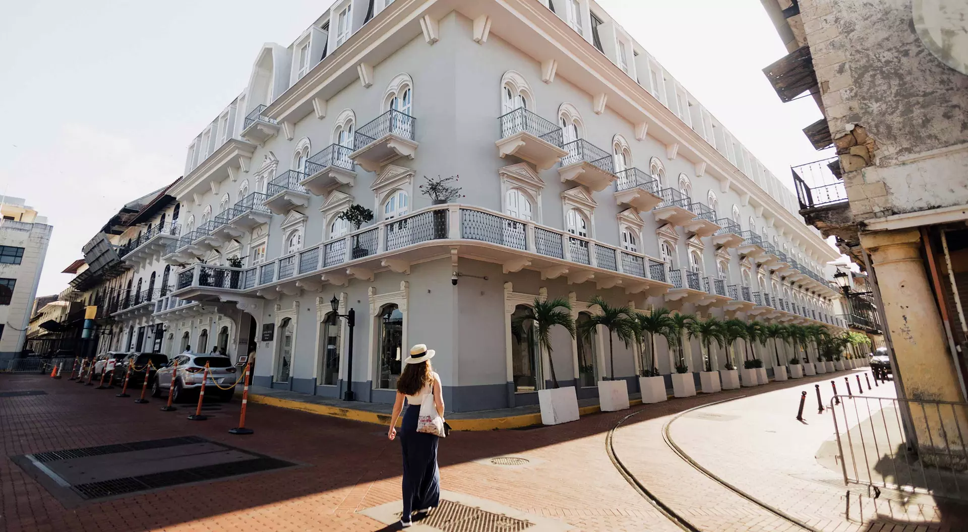 Casco Viejo, Panama City A woman walks in front of one of the oldest hotels in Casco Viejo district in Panama City