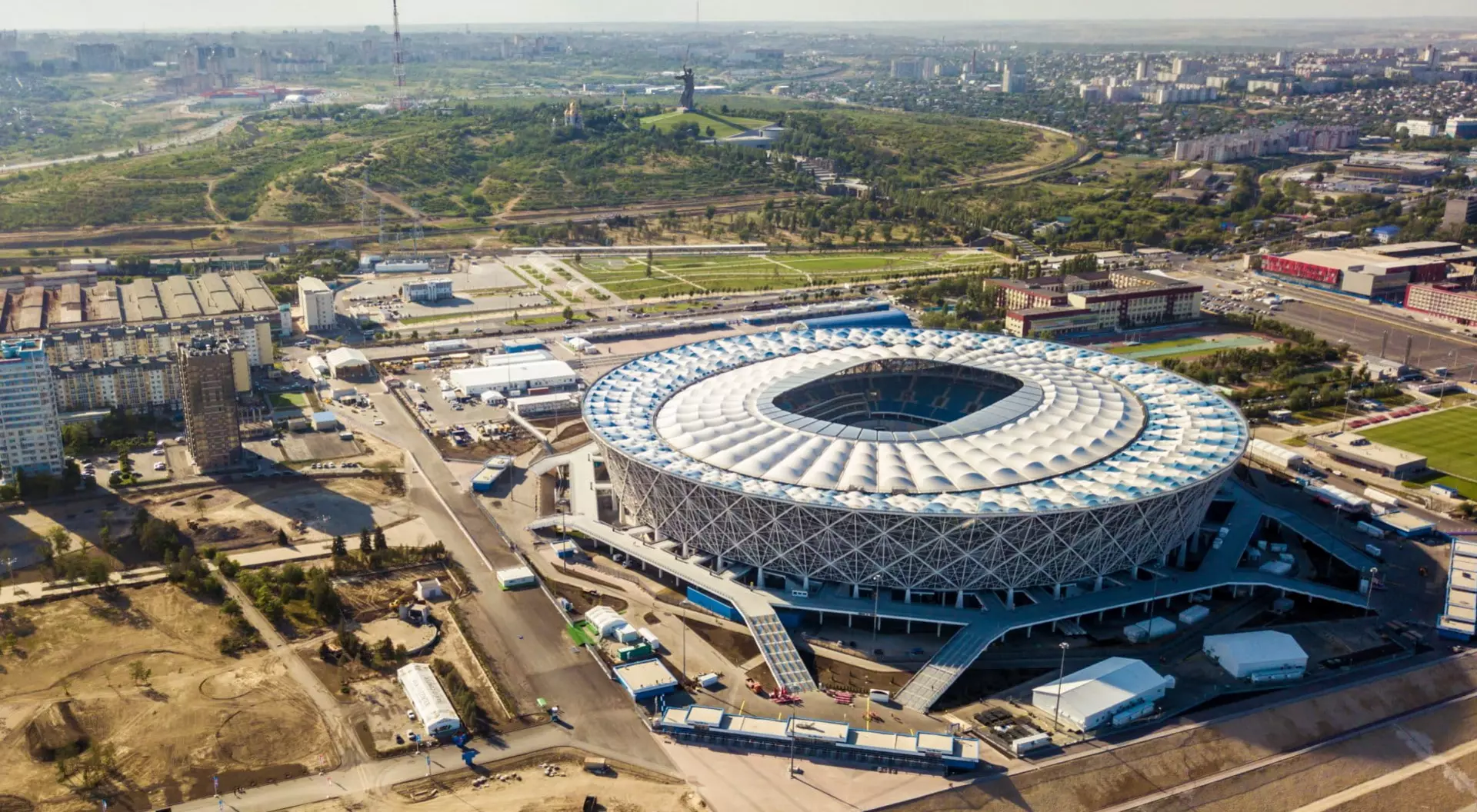 Volgograd, Russia aerial view of football stadium on edge of city