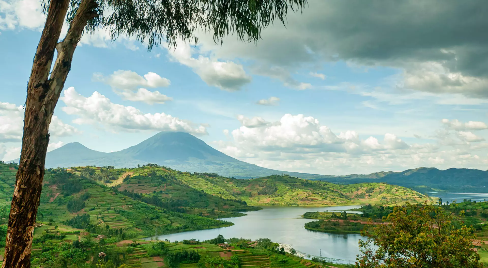 A landscape view of the Virunga Mountains in northeastern Rwanda.