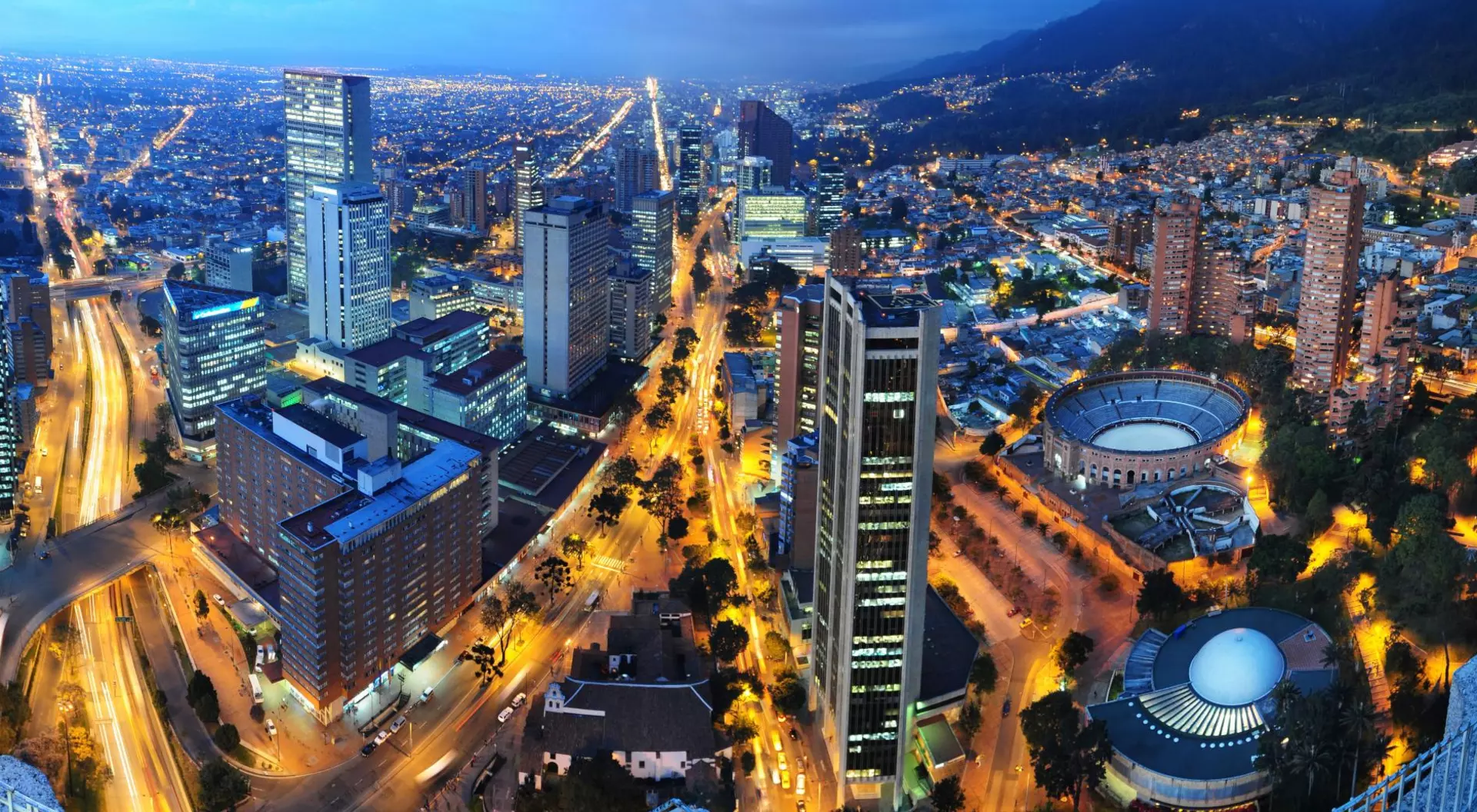 Aerial view of Bogota at night, Colombia