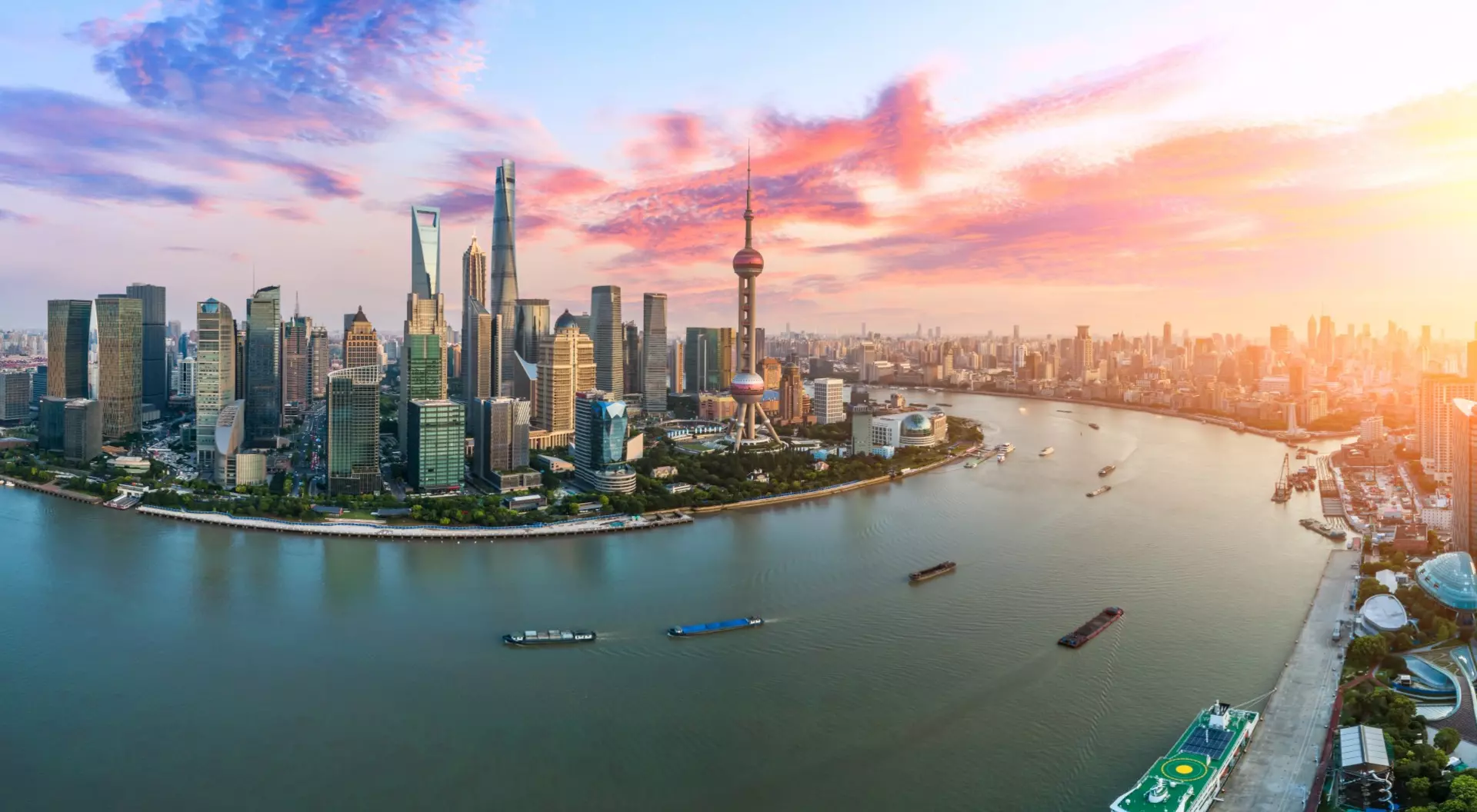 Shanghai, China Aerial view of Shanghai skyline at sunset, China