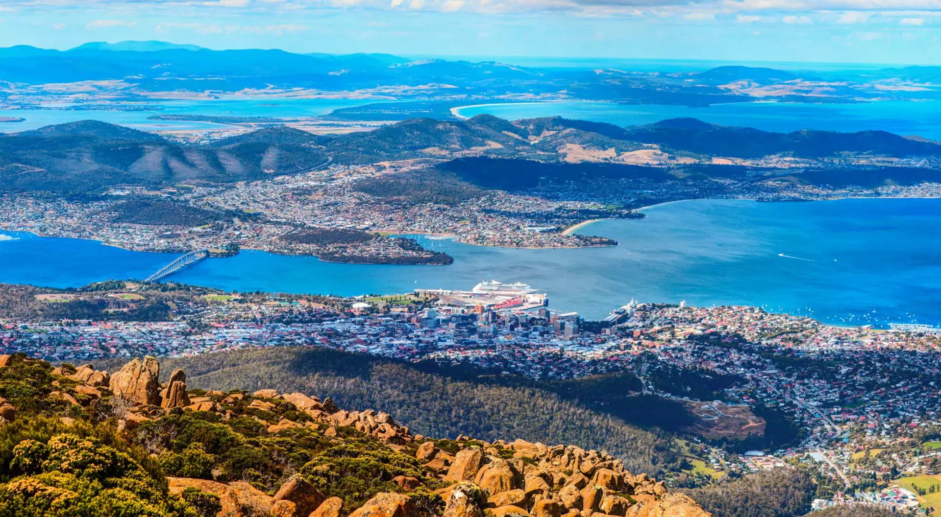 Hobart, Tasmania, Australia Aerial view of Hobart City and its vicinity from the Mount Wellington peak, Tasmania, Australia