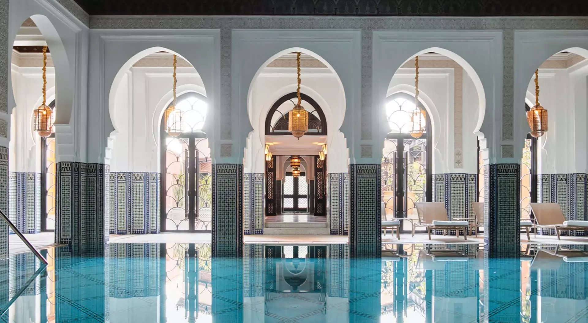 View of a pristine pool in the spa at the Moroccan hotel La Mamounia in Marrakech