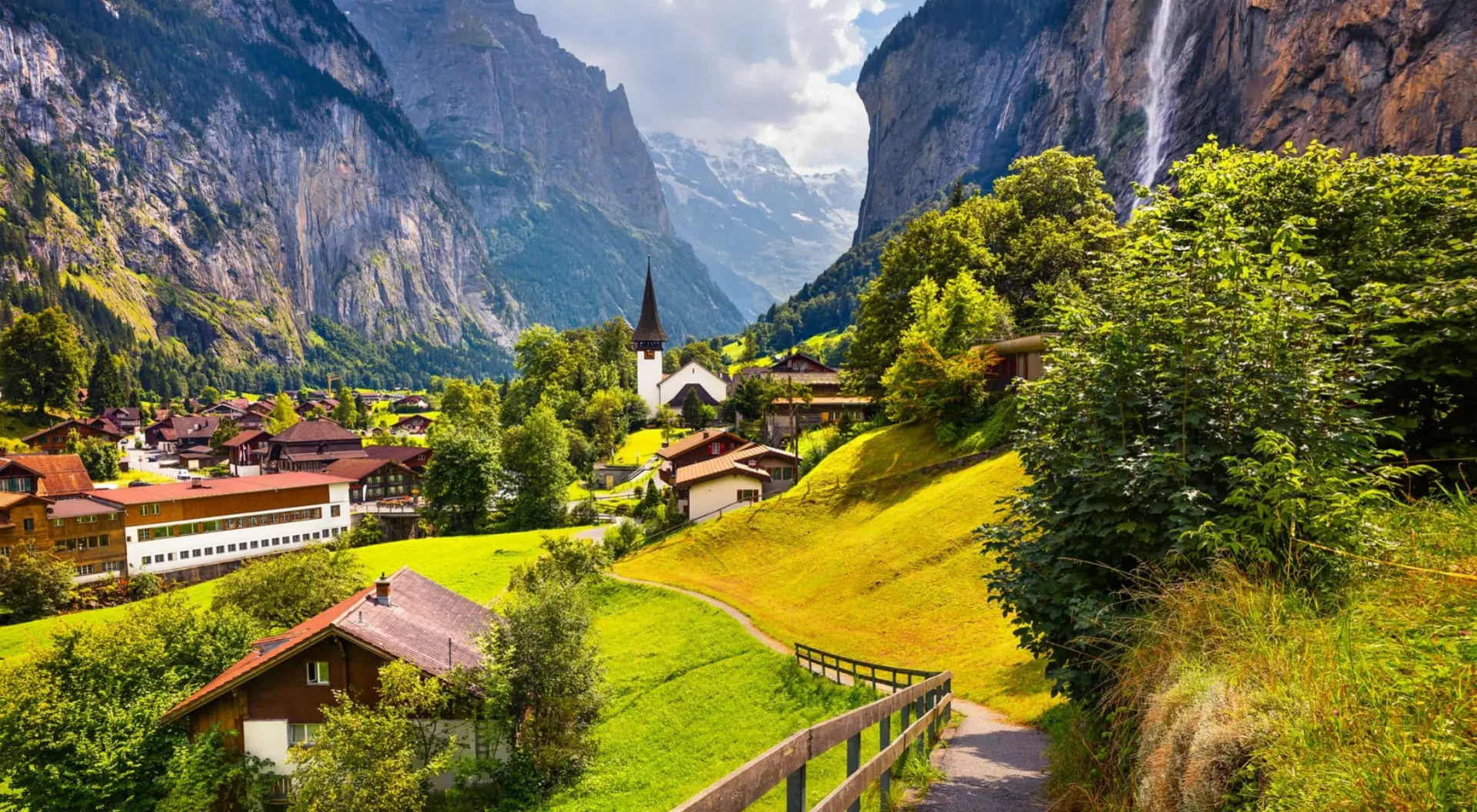 Lauterbrunnen, Switzerland The town of Lauterbrunnen in Switzerland in the height of summer.