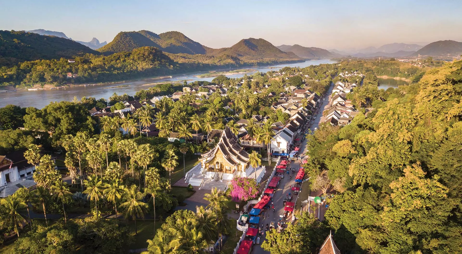 Aerial view of temples of Luang Prabang in Laos.