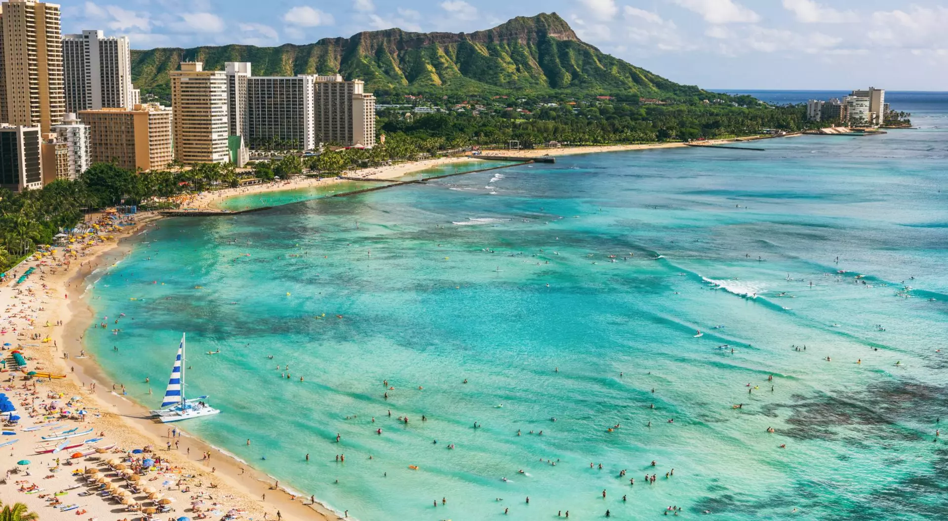 aerial view of the white sands and blue waters of Waikiki Beach in the capital of Honolulu on O'ahu, Hawai'i