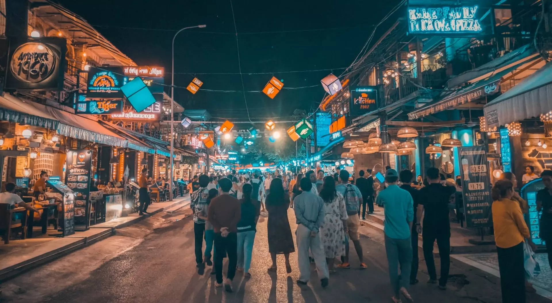 Siem Reap, Cambodia people walking in the street at night time