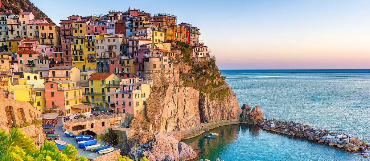 View of village in Cinque Terre in Italy looking out over ocean