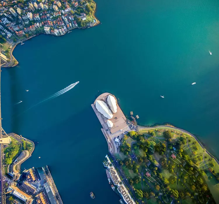 Aerial view of harbour with bridge and opera house