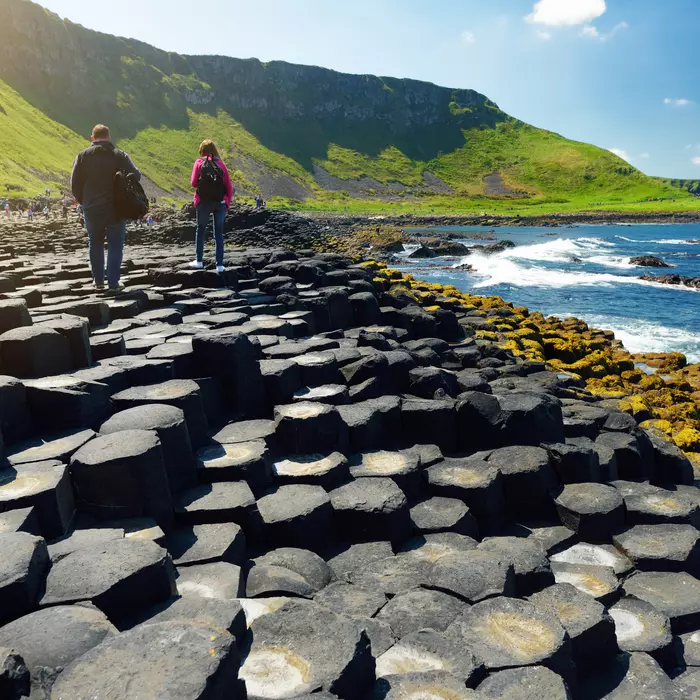 Giants Causeway, an area of hexagonal basalt stones, created by ancient volcanic fissure eruption.