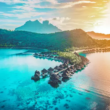 iew from above at sunset of paradise getaway Bora Bora, French Polynesia, Tahiti, South Pacific