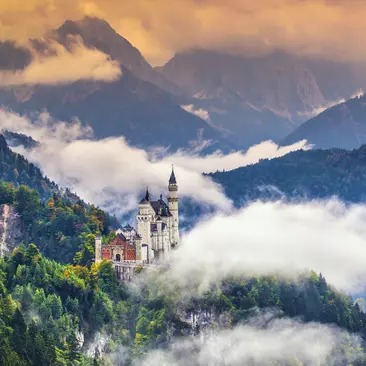 Wide-view of magnificent Neuschwanstein Castle in mountains