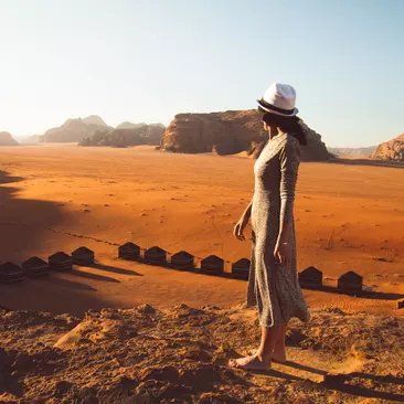  Wadi rum panorama by bedouin campsite. Popular Wadi Rum desert in Jordan