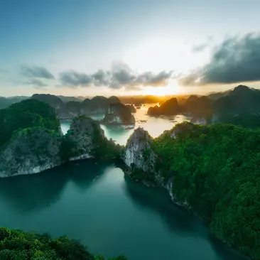 Aerial view of the waters of Lan Ha Bay in Vietnam.