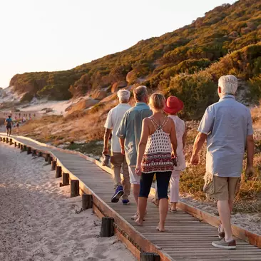 A group walking on a boardwalk