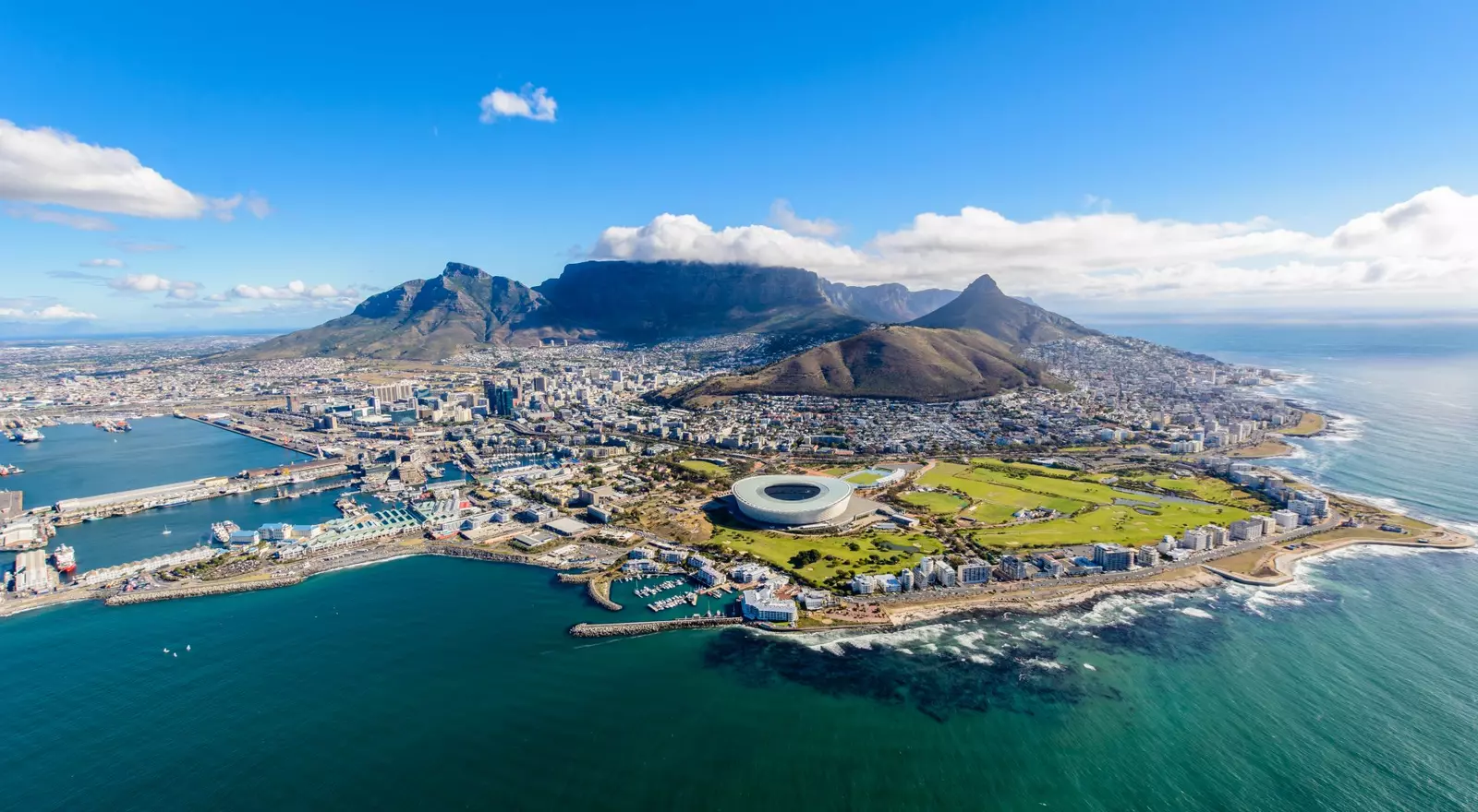 Aerial view of Cape Town, South Africa on a sunny afternoon. 