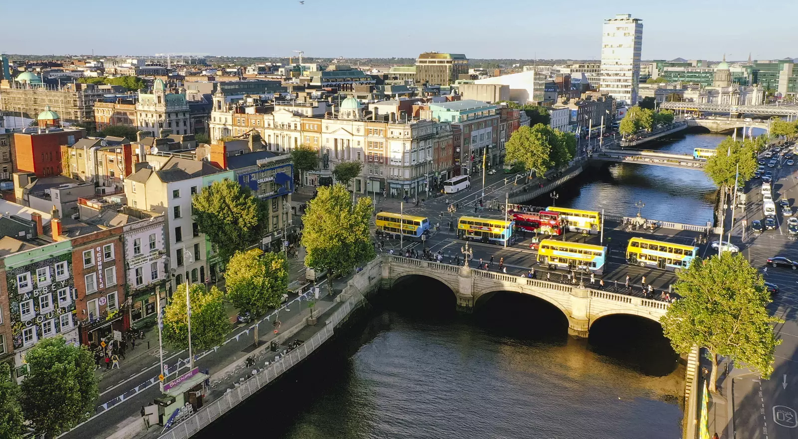 Aerial view of Liffey river and O'Connell bridge during sunset