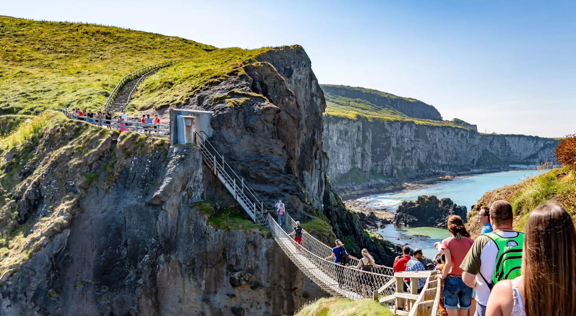 A sunny coastal scene showing a suspended bridge with people walking towards scenic cliffs and the ocean in the background.