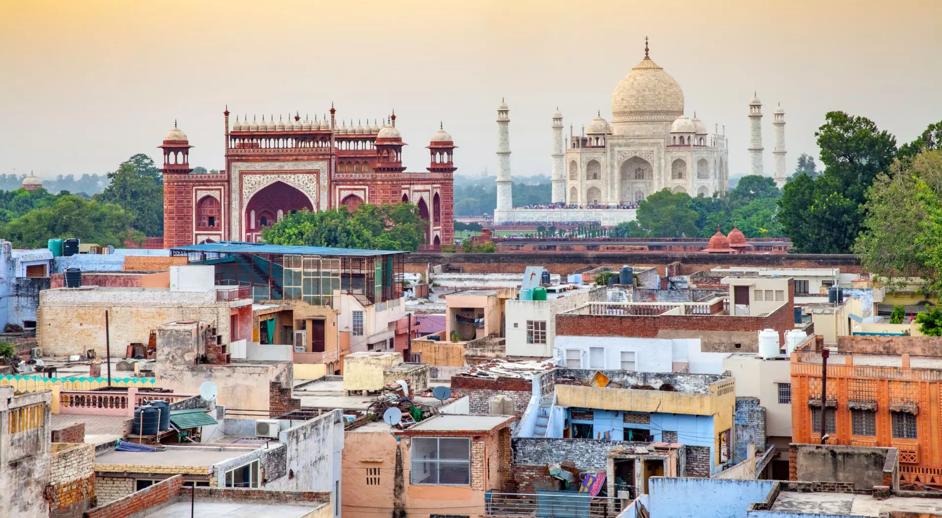 Uttar Pradesh, India Arial view of Agra Fort and Taj Mahal at sunset