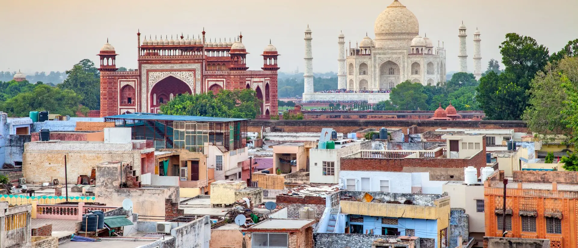 Arial view of Agra Fort and Taj Mahal at sunset