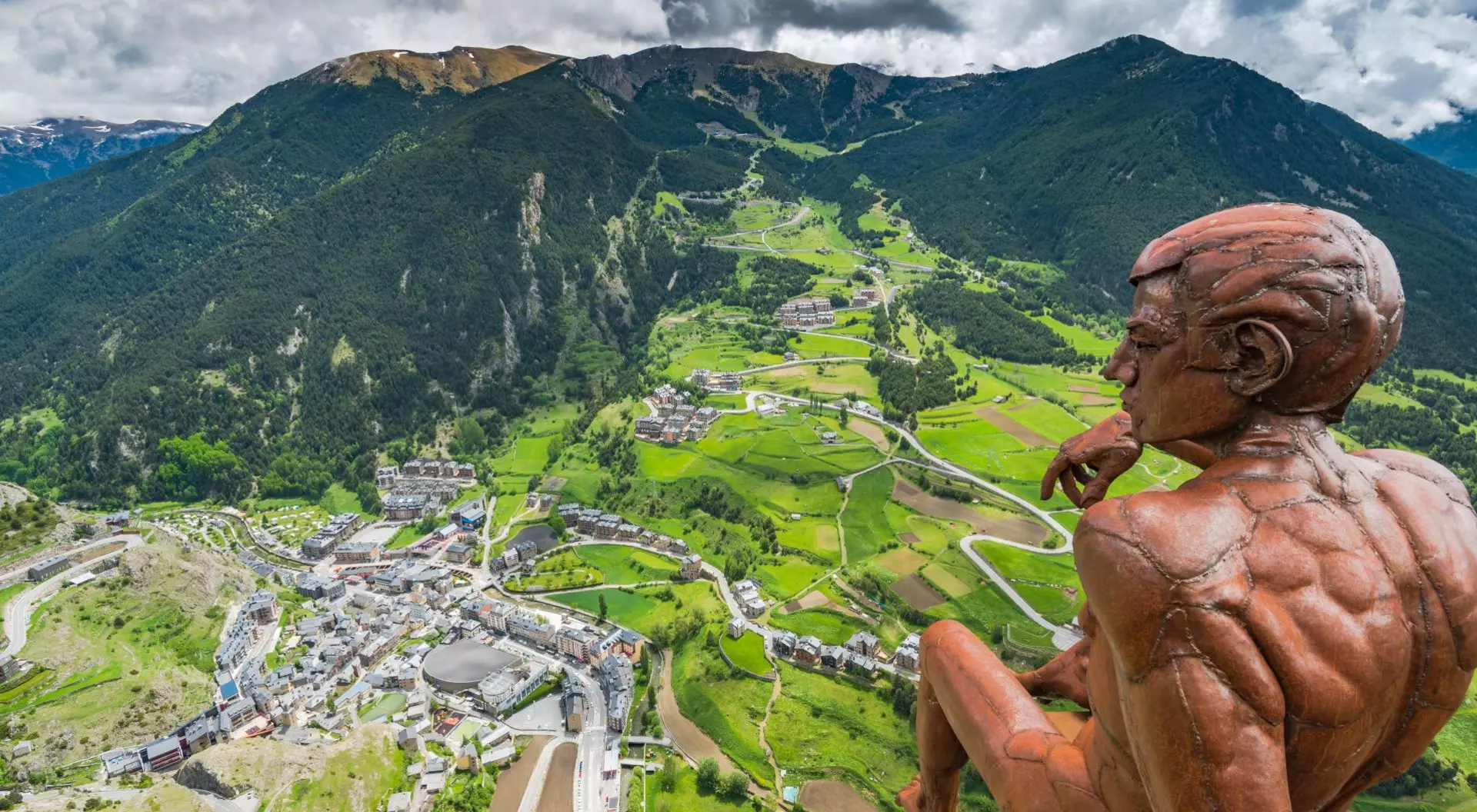 Aerial view of the observation deck and statue in Roc Del Quer, Andorra