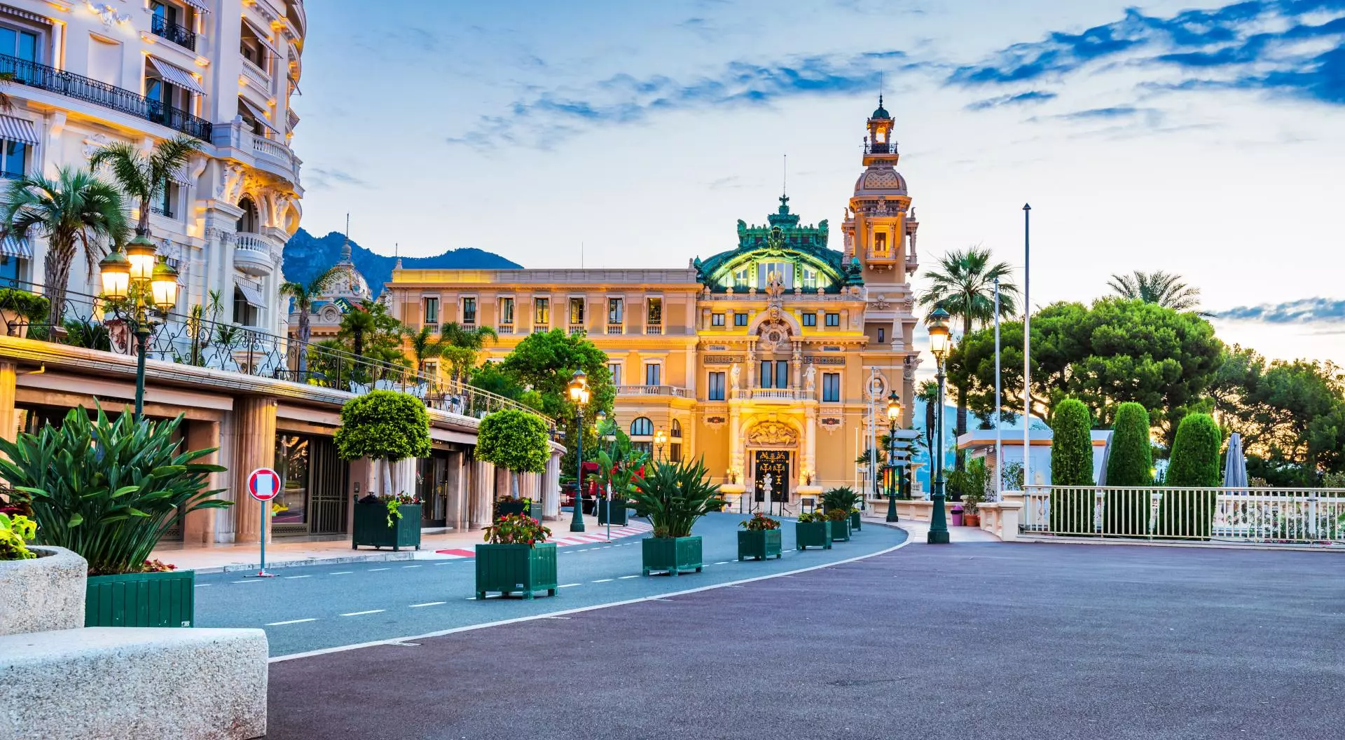 Street view at sunset in Monte Carlo, French Riviera