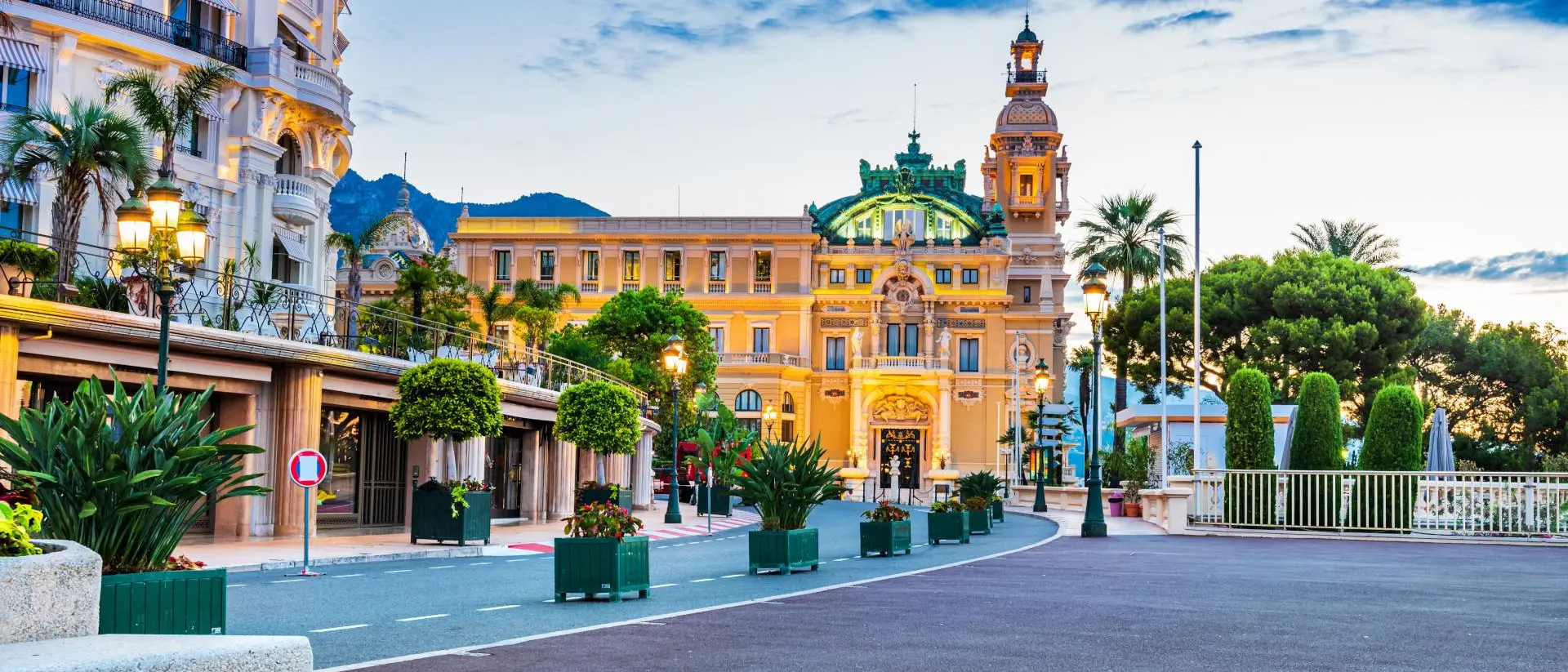 Street view at sunset in Monte Carlo, French Riviera