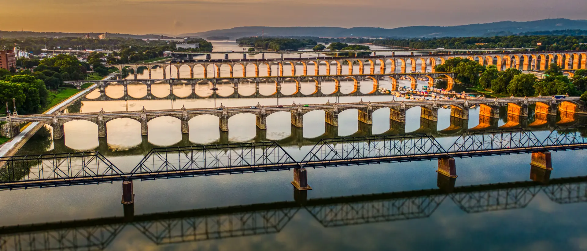 Harrisburg Many bridges over river in sunset, Harrisburg, Pennsylvania, Susquehanna River crossings aerial view