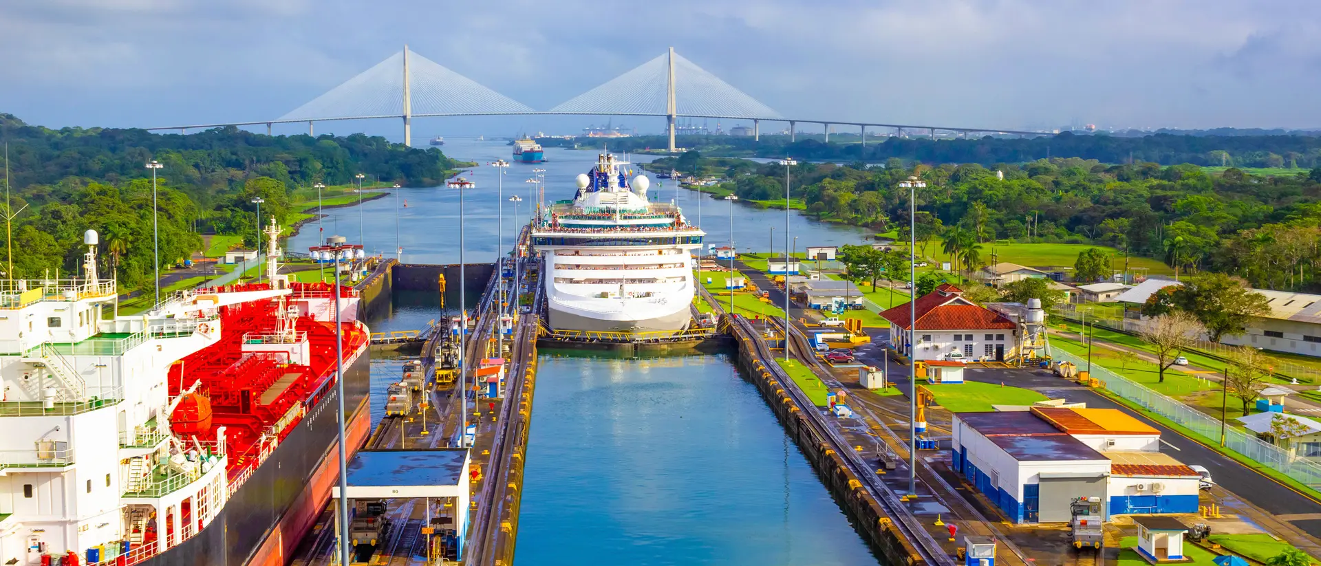 Cruise ship going through the locks of the famous canal