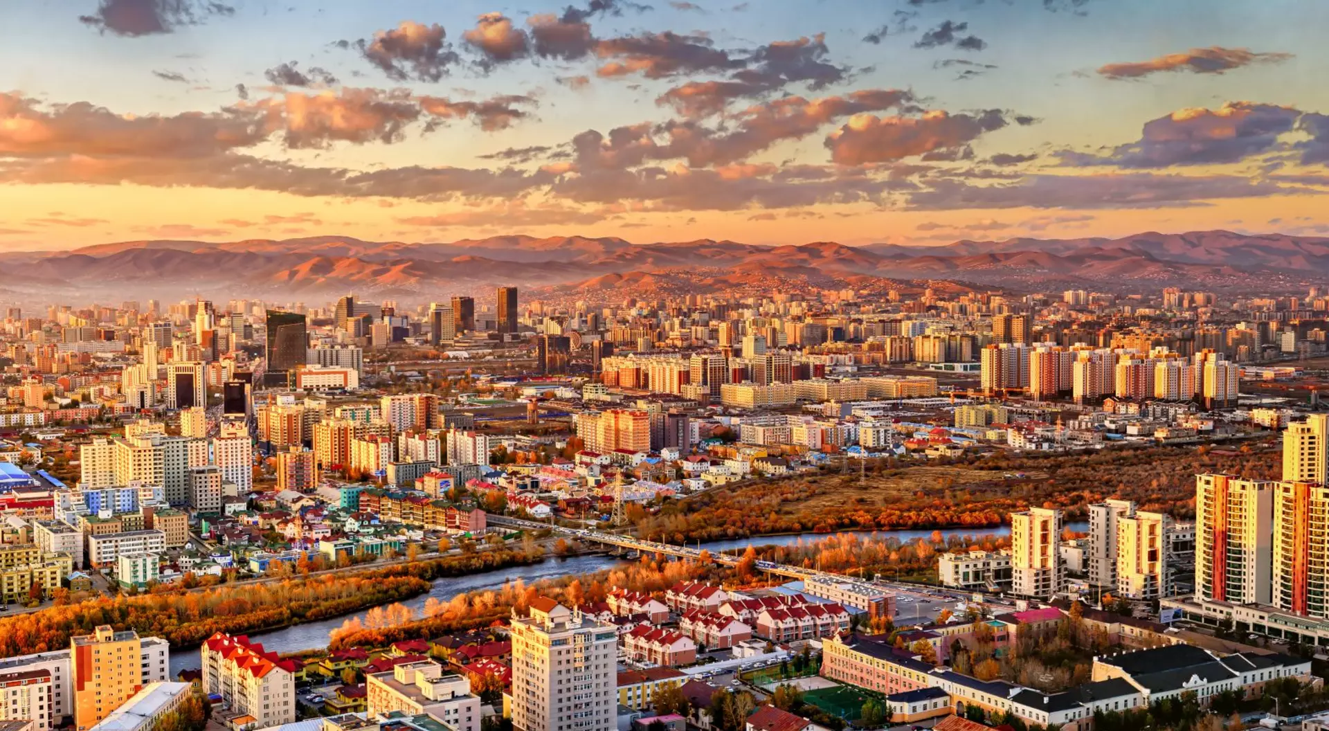 Ulaanbaatar Sunset areial view of Ulaanbaatar, capital of Mongolia, the coldest capital city in the world by average yearly temperature