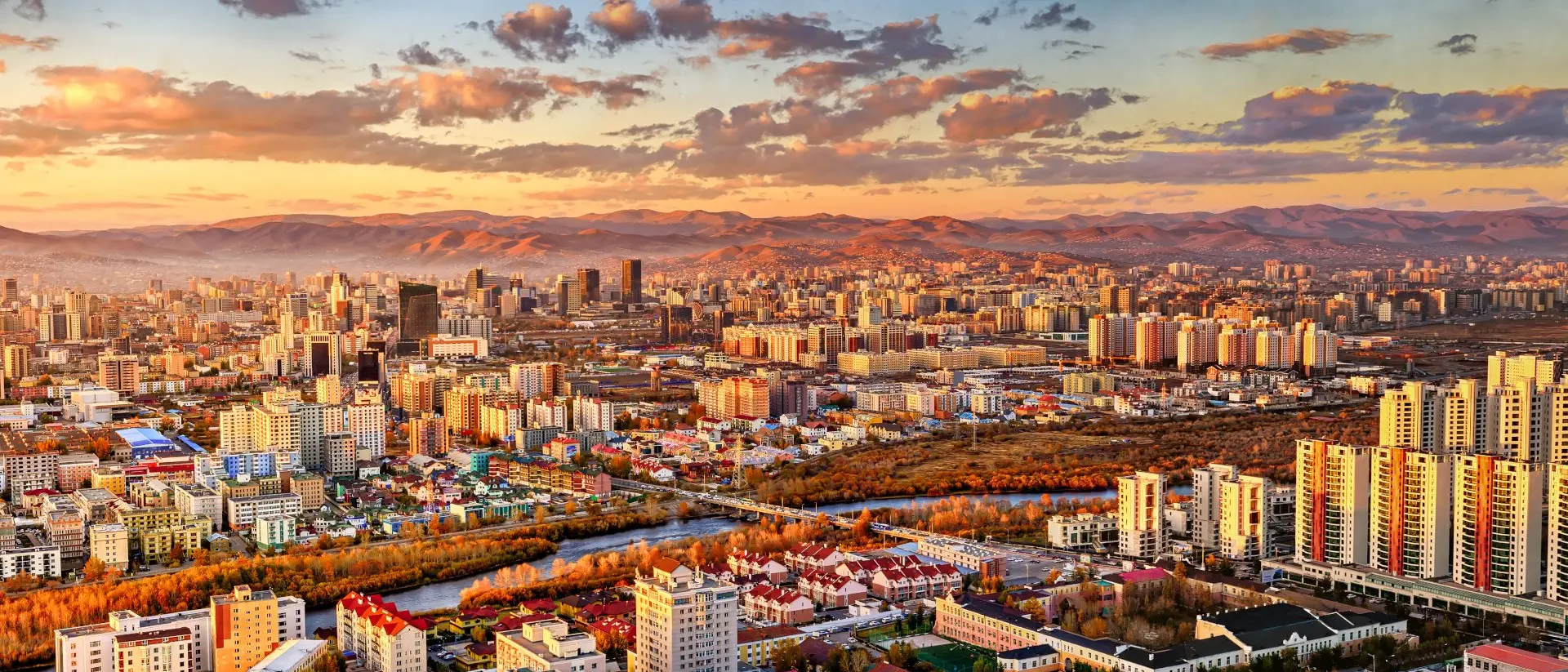 Sunset areial view of Ulaanbaatar, capital of Mongolia, the coldest capital city in the world by average yearly temperature
