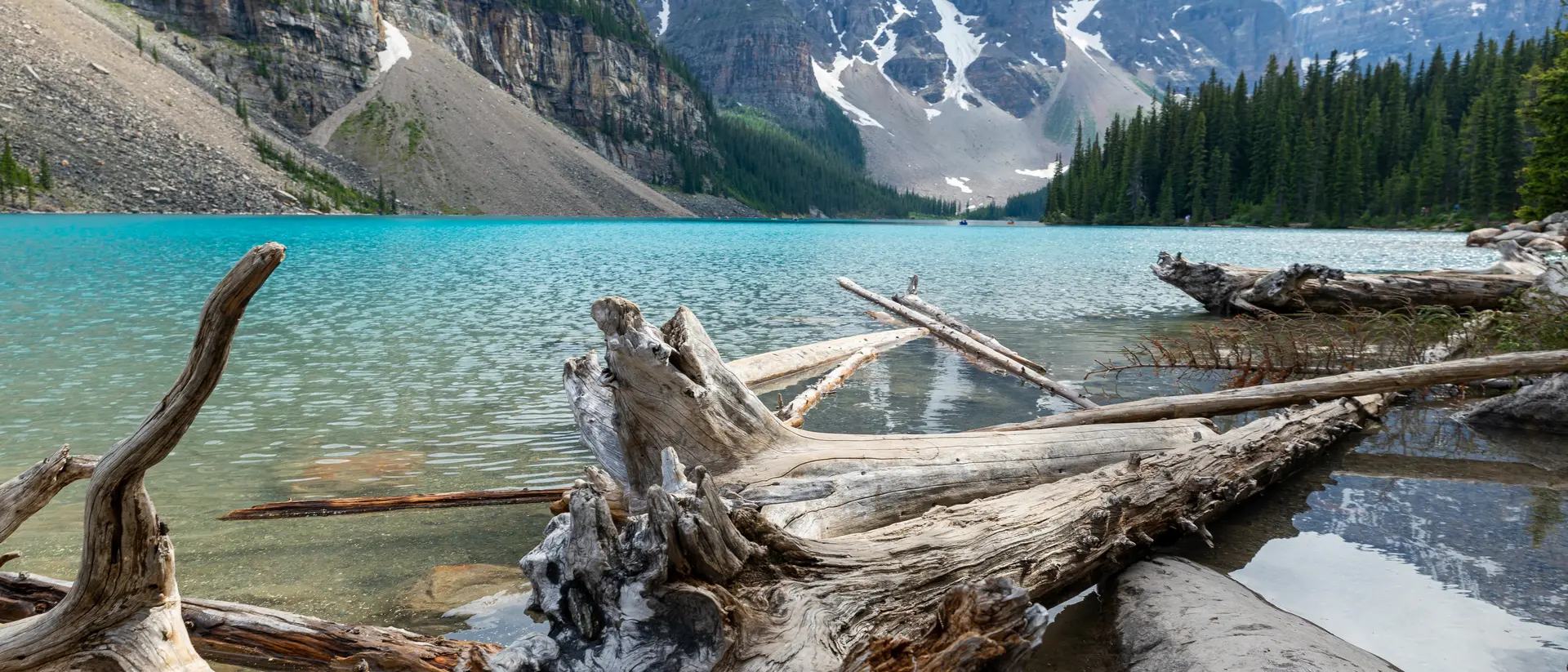 Lake Louise, Canada Aerial view of lake surrounded by dense trees and mountains