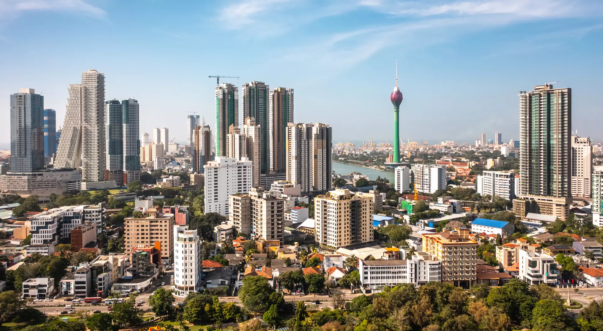 Skyline of Colombo, Sri Lanka featuring Altair towers, a 68 floor vertical tower and 63 floor for leaning tower