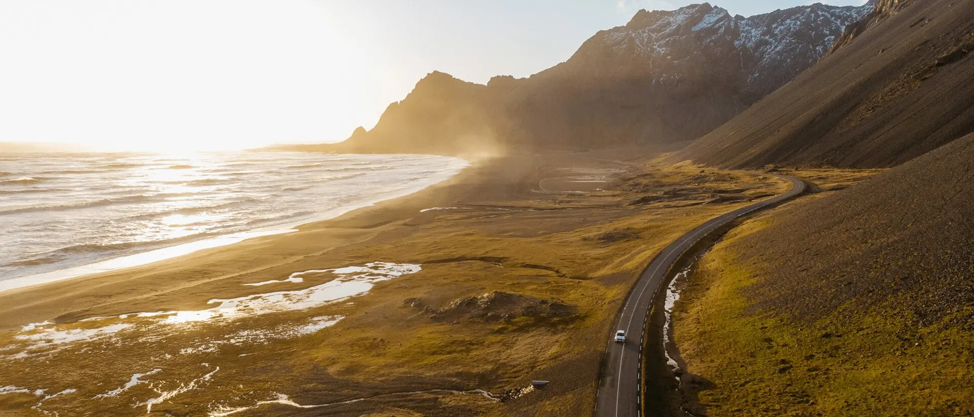 Aerial view of a car driving on scenic road in Iceland