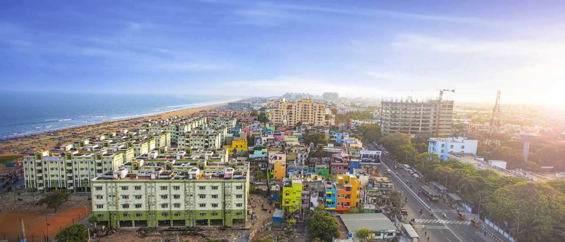 Marina Beach, Coromandel Coast Aerial photo of the coast of Chennai's Marina Beach, the second largest urban beach in the world, running 6 km