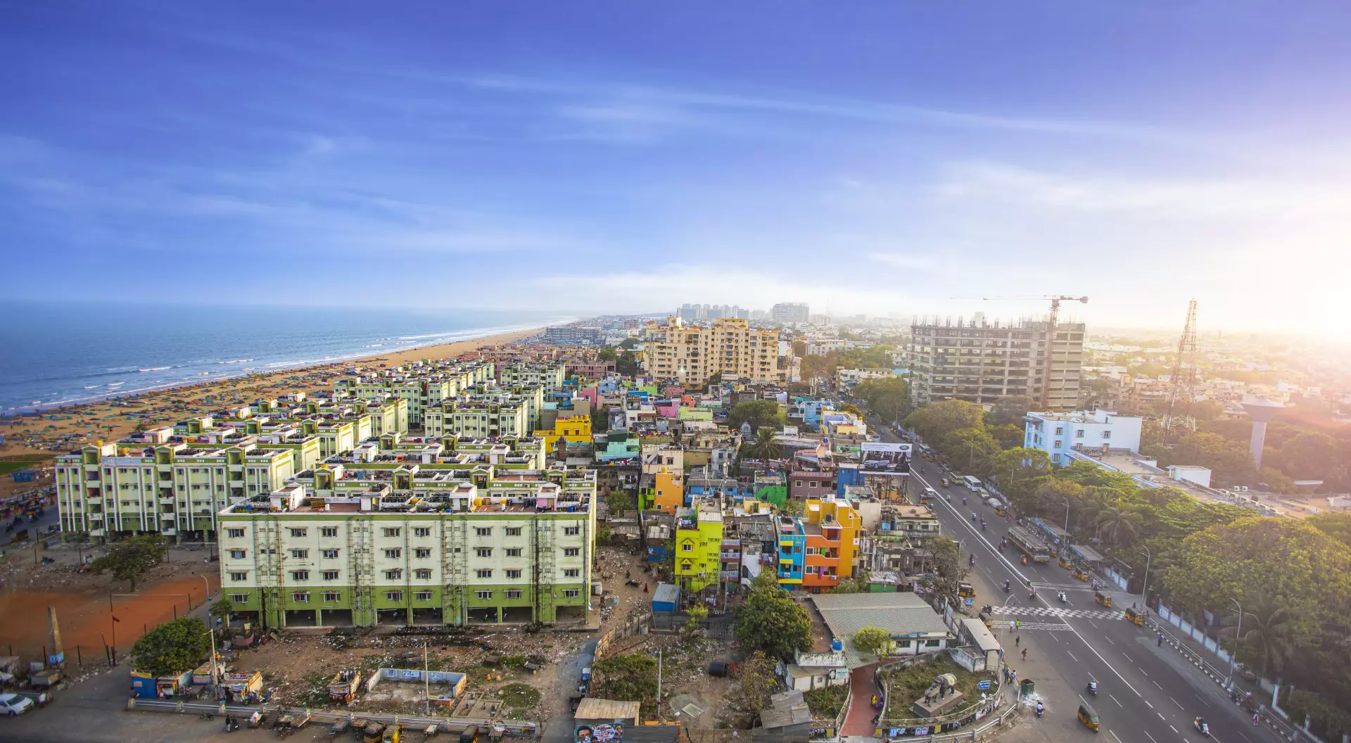 Aerial photo of the coast of Chennai's Marina Beach, the second largest urban beach in the world, running 6 km