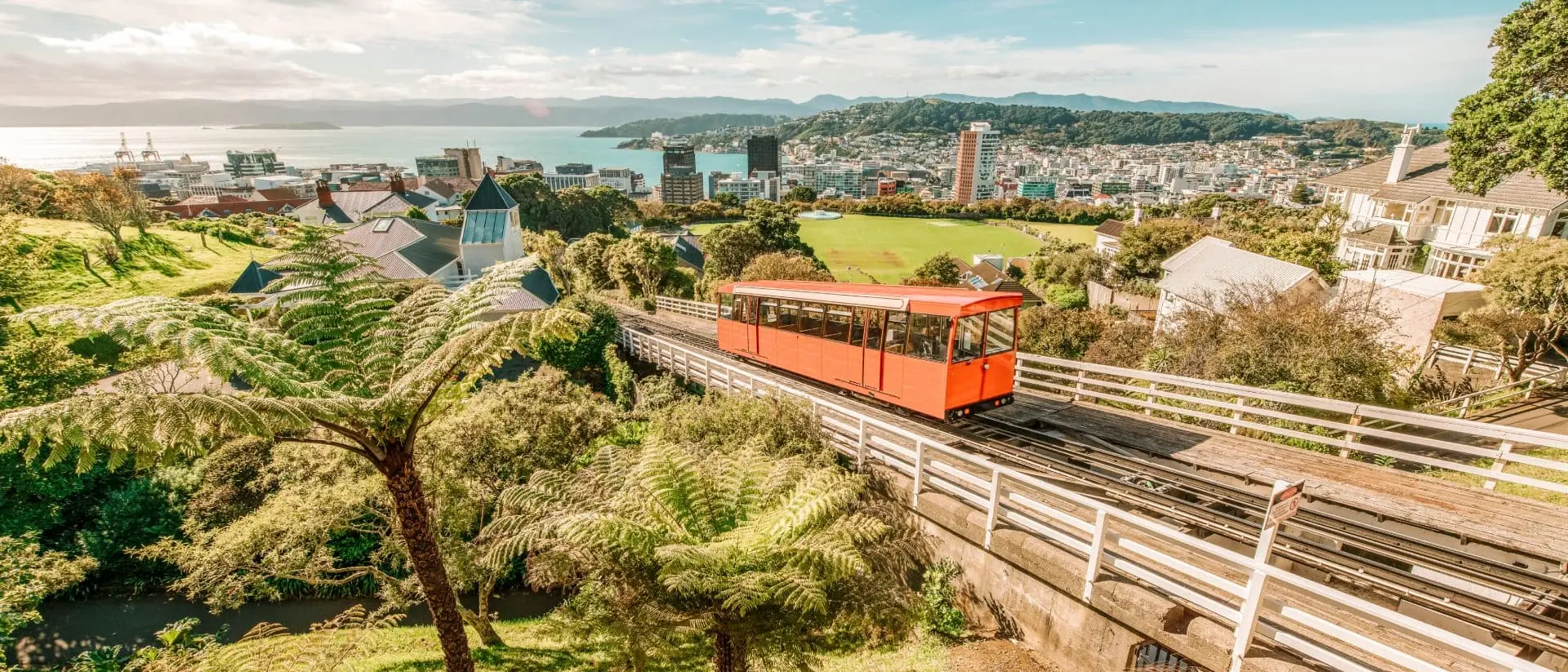 Cable Car Climbing Hill Aerial view over the city of Wellington, New Zealand, with a cable car climbing up the hill in the middle.
