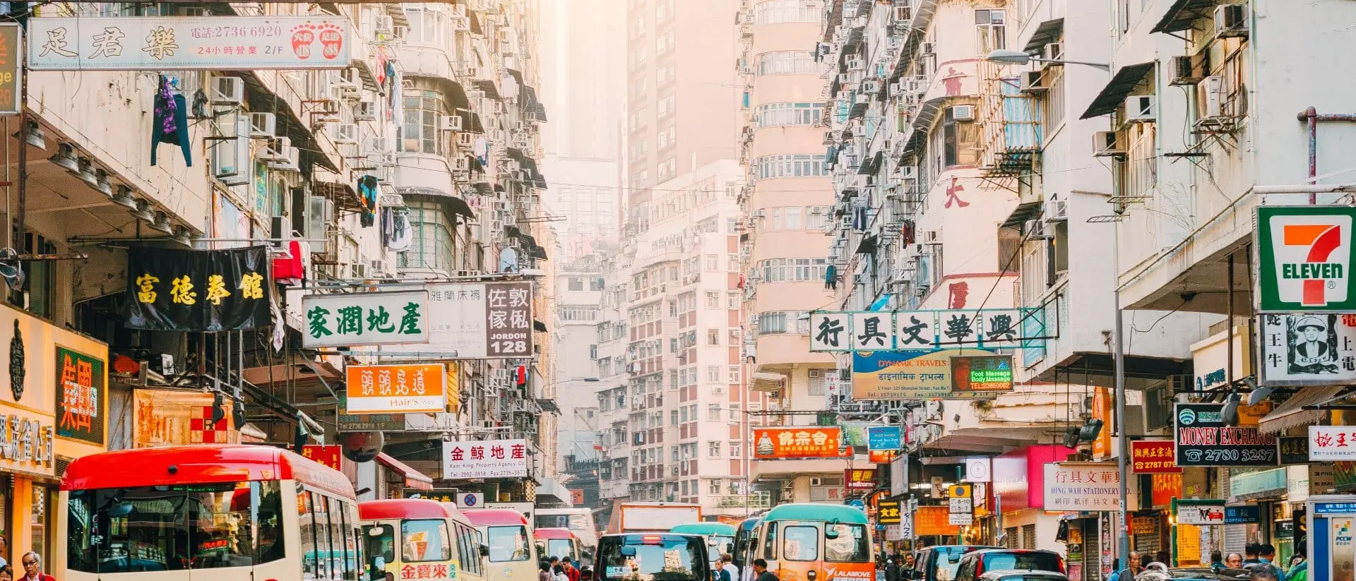 Busy daytime Hong Kong street scene, Mongkok District with busses