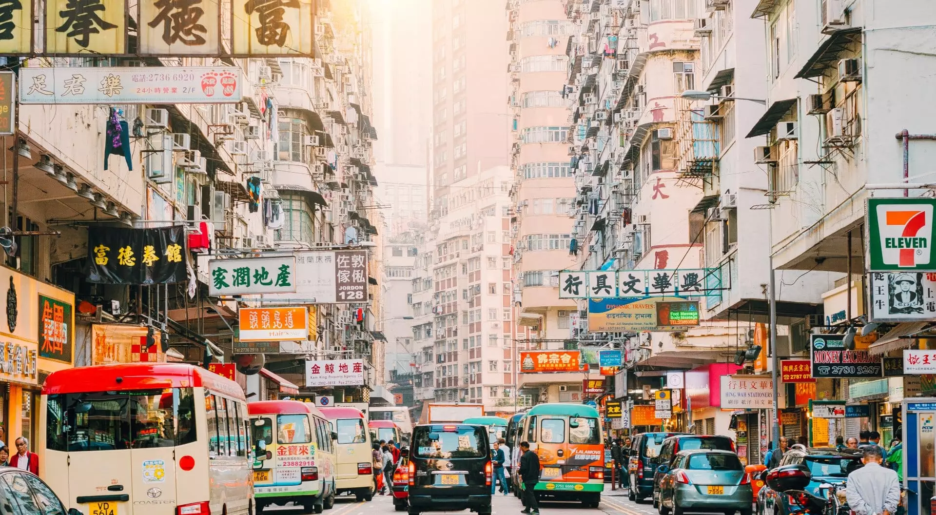 Mongkok District Busy daytime Hong Kong street scene, Mongkok District with busses