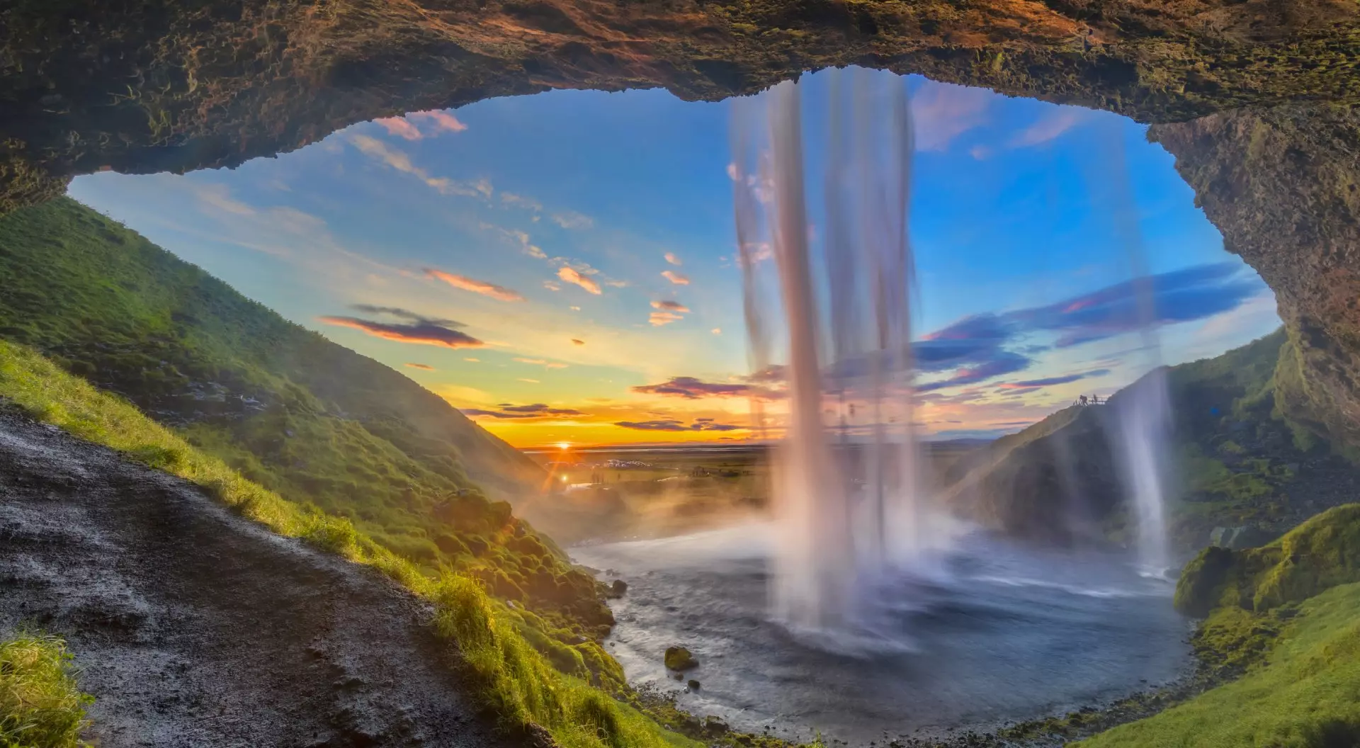 Flowing water cascading down at sunset