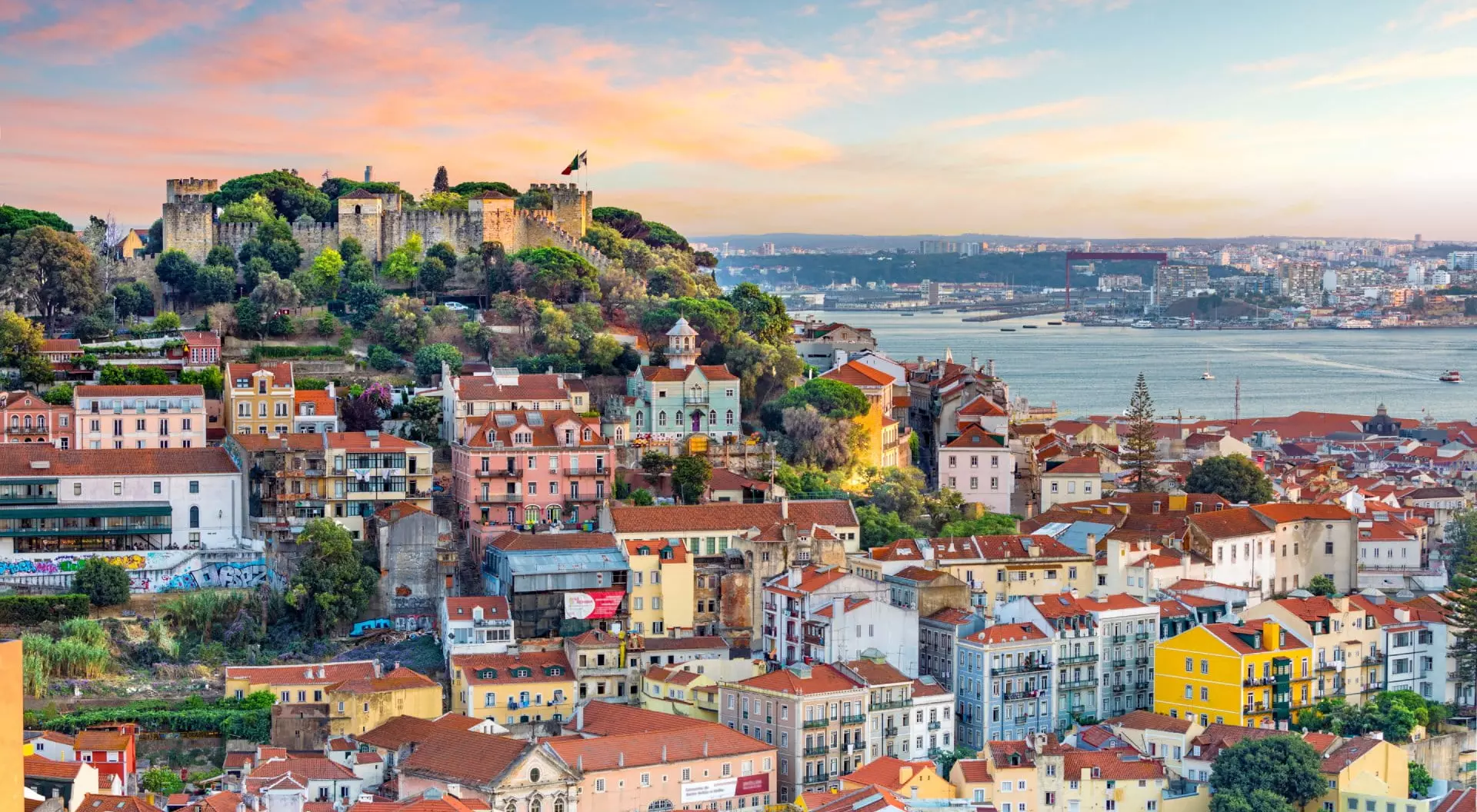 Lisbon, Portugal skyline at Sao Jorge Castle at sunset