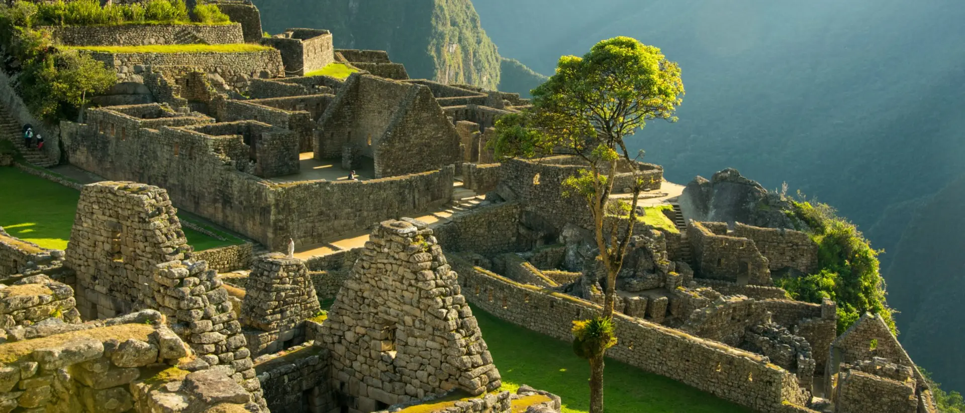 Morning view of Machu Picchu in the heights of the Andes Mountains in the Sacred Valley of the Incas in Peru.